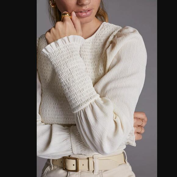 Anthropologie Smocked Puff-Sleeved Cream Top - New - Large - Picture 2 of 5